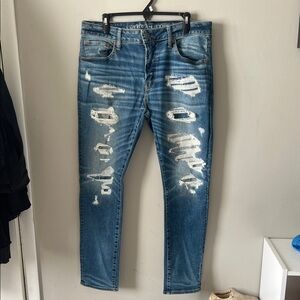 American Eagle Outfitters Men's Light Blue Ripped Skinny Jeans